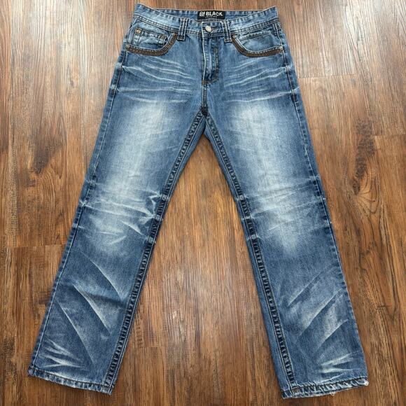 CJ Black Premium Indian Skull Jeans 28/30 Relaxed Straight distress leather trim - Picture 1 of 10